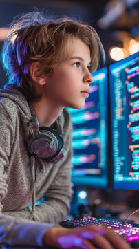 Teen boy coding at computer in colorful room with headset