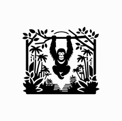 Fototapeta premium Minimalist Black Vector Logo of Orangutan in Tropical Forest Isolated on White Background