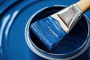 Close-up of a paintbrush dipped in fresh blue paint inside an open paint can, highlighting the texture and glossy surface of the paint