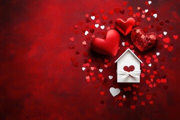 Small white house with heart cutout and bow surrounded by large red hearts and scattered tiny red and white heart confetti on a textured red background expressing love and warmth