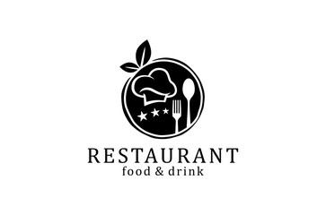 A sophisticated restaurant logo featuring a chef's hat, cutlery, and leaves.
