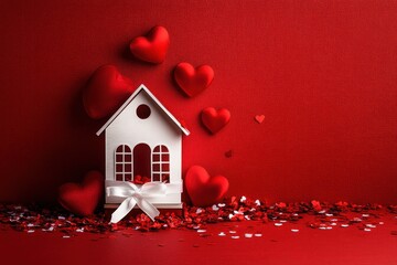 White decorative house with a white ribbon bow surrounded by red and white heart-shaped confetti and various red heart cushions against a red textured background expressing love and warmth