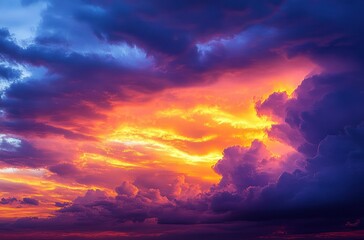 Fototapeta premium Vibrant and dramatic sunset sky with glowing orange, yellow, and pink clouds contrasting against deep blue and purple stormy clouds, evoking awe and tranquility