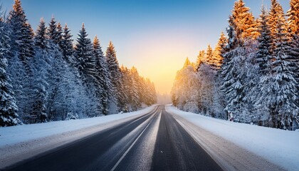 Obraz premium winter road at dawn a scenic journey through snowcovered trees and golden light