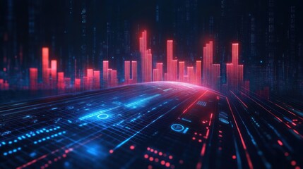 Fototapeta premium Futuristic digital landscape with glowing red bar graphs rising from a grid of blue illuminated circuitry and data streams creating a high-tech cityscape feeling