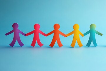 Row of colorful paper cutout human figures holding hands against blue background symbolizing unity and diversity