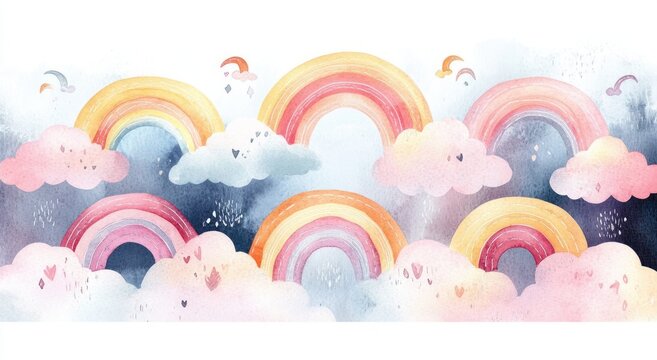 Whimsical watercolor painting featuring multiple bright rainbows emerging from soft pastel-colored clouds with scattered heart shapes and light raindrops creating a dreamy, uplifting atmosphere