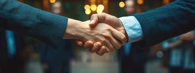 Close-up of a professional handshake between two people wearing business suits against a warm, blurred background symbolizing agreement and cooperation