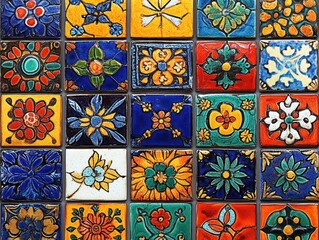 Colorful ceramic tiles arranged in a grid pattern featuring various floral and geometric designs with vibrant blue, orange, yellow, and green colors