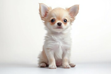 Obraz premium small fluffy cream and white puppy sitting attentively on a white background with curious bright eyes