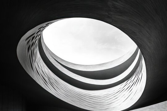 Abstract black and white spiral architectural structure with curved bands forming an open circular skylight revealing the sky