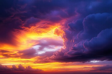 Dramatic sunset with fiery orange and yellow light piercing through dark purple and blue storm clouds creating a vivid and intense sky scene filled with contrast and depth
