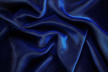 Deep blue silk fabric with smooth, glossy texture and flowing, curving folds creating an elegant and luxurious appearance