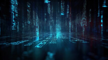 Futuristic digital data streams forming a glowing matrix of blue vertical lines and numbers in a dark cyber environment evoking a sense of advanced technology and virtual depth