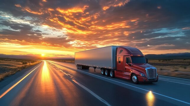 red semi truck driving on an open highway during a vibrant sunset with dramatic clouds and reflective wet road surface