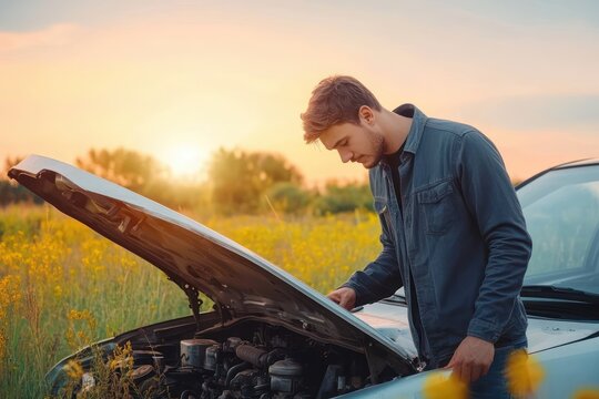 Young man examining car engine with open hood in a field of yellow flowers during sunset