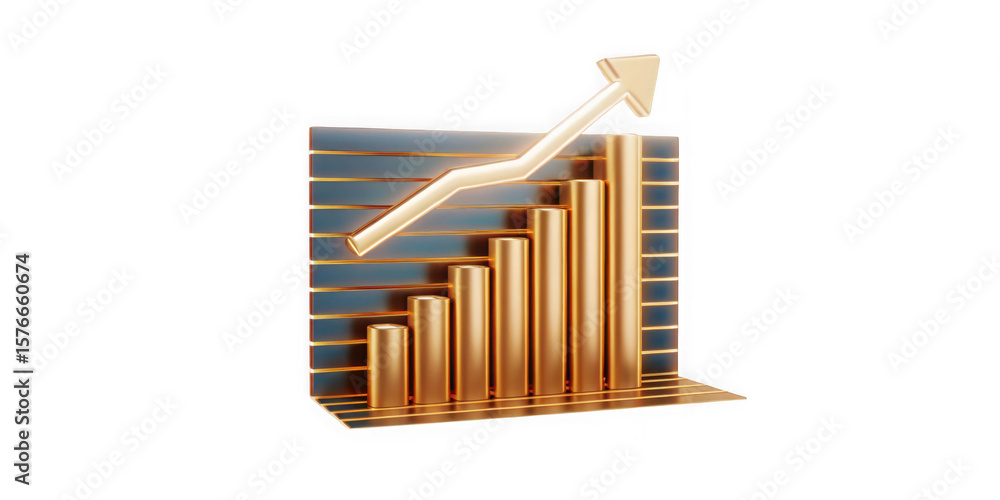 Poster golden bar chart with upward trend arrow isolated on transparent background