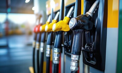 Close-up of multiple fuel pump nozzles at a gas station with various colors including black, yellow, and red under bright lighting