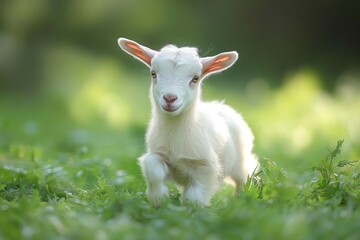 Obraz premium Young white goat standing on green grass with soft sunlight background creating a peaceful and gentle atmosphere