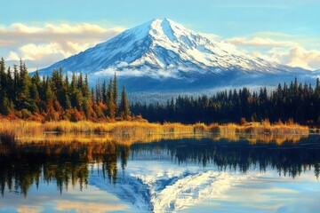 Majestic snow-covered mountain reflecting on a calm lake with surrounding evergreen trees and golden autumn grasses under a bright blue sky
