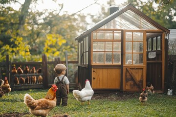 Young child standing outside near chickens and a small wooden greenhouse in a sunlit garden during daytime