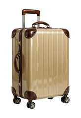 Elegant Gold Hard Shell Rolling Suitcase with Brown Leather Accents, Trolley Handle, and Spinner Wheels, Isolated on Transparent and White Background