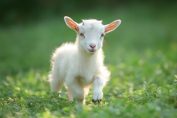 Fototapeta premium young white goat kid standing on green grass with a calm and curious expression in soft natural light