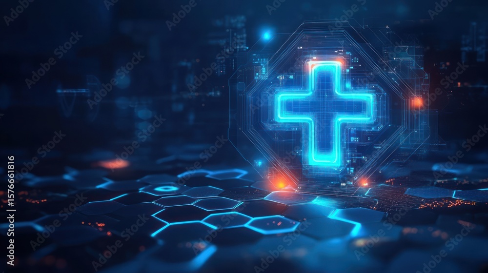 Poster glowing digital medical cross symbol floating above a futuristic hexagonal circuit board in a dark h