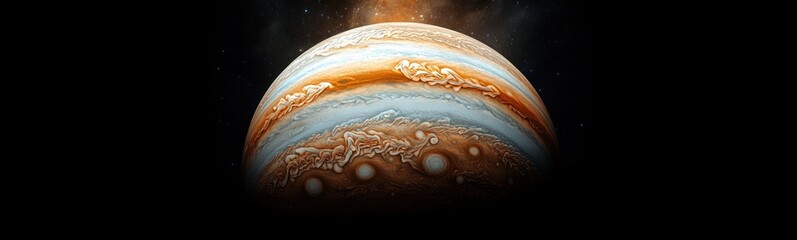 Detailed close-up view of a large gas giant planet with swirling orange, white, and blue cloud bands and storm formations against the dark space background