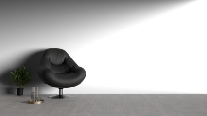 3D render a black chair and a potted plant in a room