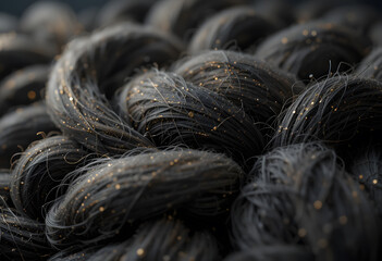 Close-up of Braided Black Yarn with Shimmering Golden Particles
