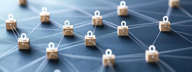 wooden blocks interconnected with white strings symbolizing a complex network or communication system on a dark surface