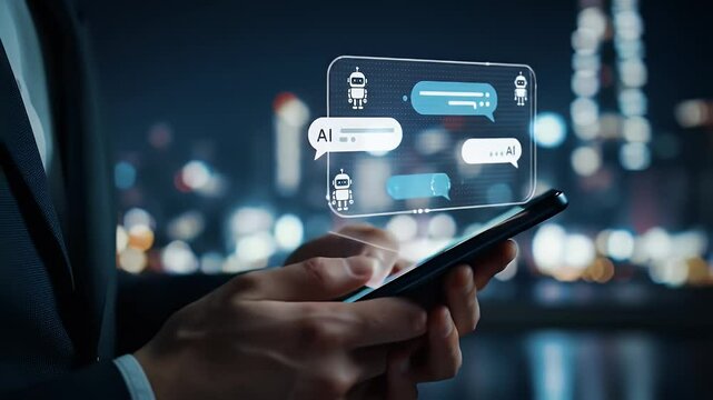 Close Up of Businessman Using Smartphone with Chatbot Holograms in Dark Blue Suit Against Blurry Cityscape at Night with Bokeh Lights - Powered by Adobe