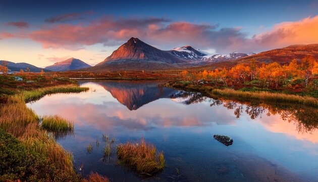 stunning autumn twilight over rondane nationalpark in norway with serene mountain reflection