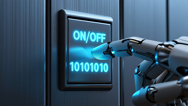 Futuristic robot hand pressing glowing on off switch with binary code symbolizing artificial intelligence automation control and digital power interface in advanced technology concept