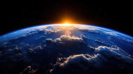 Sunrise over Earth viewed from space with dark starry background and illuminated atmospheric clouds
