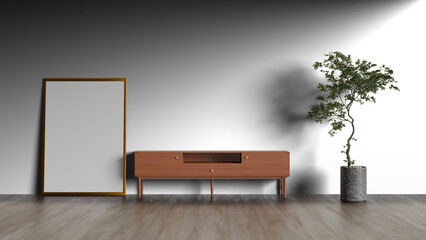 3D render a room with a mirror a plant and a picture frame