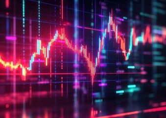 Colorful digital financial chart displaying fluctuating data with glowing red, blue, and purple lines on a dark background, representing market trends and analysis