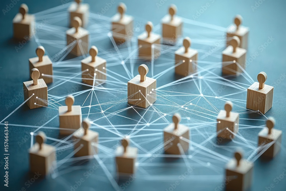 Poster wooden human-shaped blocks interconnected with white strings on a blue surface representing a comple