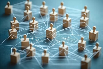 Wooden human-shaped blocks interconnected with white strings on a blue surface representing a complex and dynamic social or organizational network