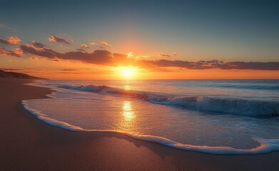 Calm ocean waves gently washing ashore on a sandy beach under a vibrant peaceful sunset sky with scattered clouds