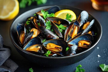 Bowl of cooked mussels garnished with fresh parsley and lemon wedges on a dark surface, emphasizing a fresh and appetizing seafood meal