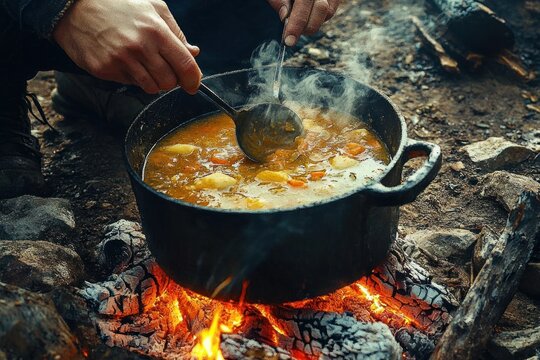 Hands stirring a steaming pot of vegetable soup cooking over an open campfire in an outdoor rustic setting with glowing embers - Powered by Adobe