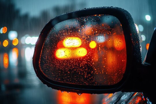 Wet car side mirror with raindrops reflecting blurred red and orange vehicle tail lights and rainy night city street lights creating a moody atmosphere - Powered by Adobe