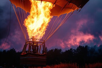 Hot air balloon basket with bright flame heating the air, preparing for flight against a dramatic purple and pink cloudy sky at dusk