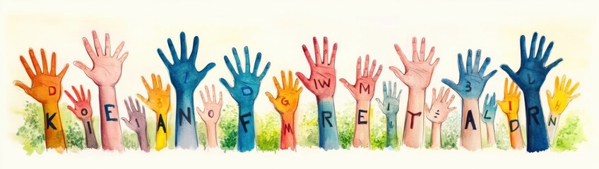 Fototapeta premium Colorful raised hands of different sizes and shades with letters painted on palms forming a supportive and lively group against a light background with greenery at the bottom