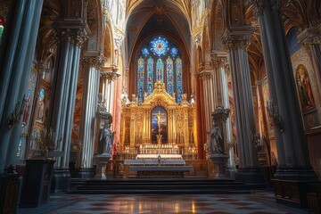 Interior view of a grand cathedral with tall ornate columns, elaborate golden altar, stained glass windows, and statues, evoking a serene and reverent atmosphere