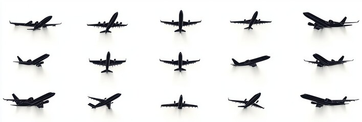 Fototapeta premium Collection of black airplane silhouettes in various flight positions against white background showing different angles and orientations
