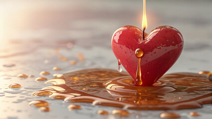 Broken heart syndrome concept ,Heart shaped candle melting with wax drops on reflective surface with warm light