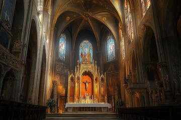 Fototapeta premium Interior of a grand cathedral with high vaulted ceilings, stained glass windows, and ornate altar featuring a crucifix, bathed in soft warm light evoking reverence and solemnity